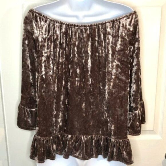 Neiman Marcus Sanctuary Crushed Off Shoulder Velvet Top Julia Ruffle Mink M NWT - Picture 9 of 11